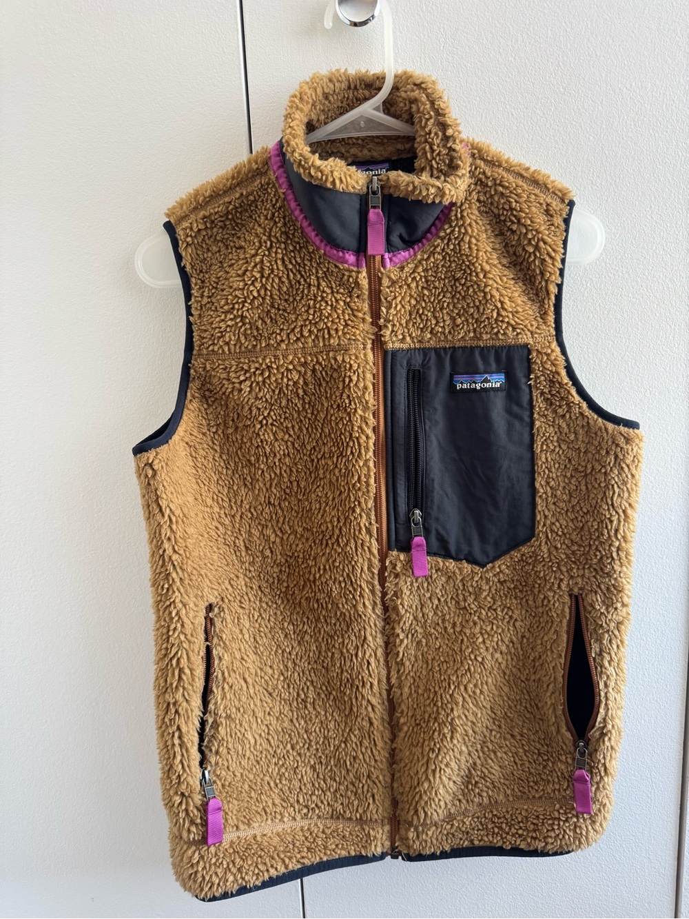 Patagonia Brown Sherpa Fleece Vest with Black Chest Pocket and Purple Accents